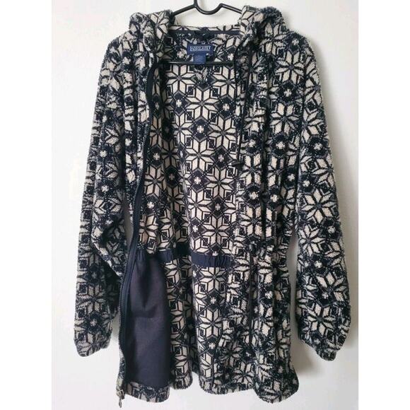 Lands End Womens M 10-12 Full Zip Fleece Jacket Coat Black & White Pockets Hood - Picture 7 of 9